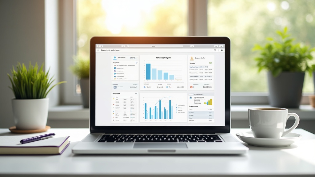 A home office setup featuring a laptop with affiliate marketing analytics on the screen, a cup of coffee, and notebooks, set against a bright background with plants and natural light.