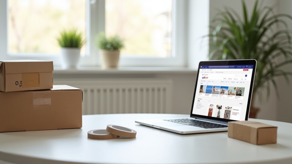 A home workspace with boxes, packaging tape, and a laptop open to an eBay dashboard, on a clean desk with natural light.