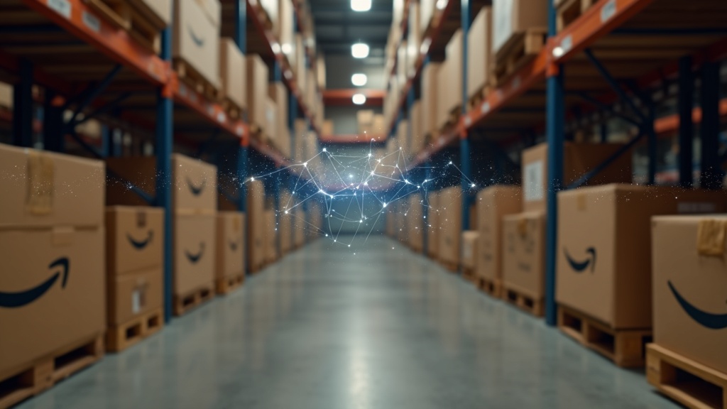 Warehouse boxes with Amazon logos and digital network graphics, symbolizing e-commerce and online sales